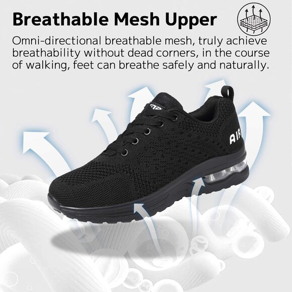 Brand New Women All Black Rubber Running Shoes Air Cushion Mesh Sneakers Gym - Picture 2 of 7